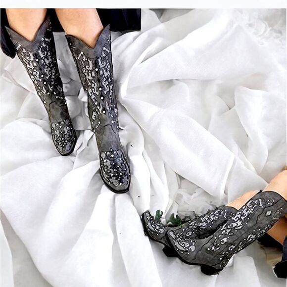 NWT Embroidered & Embellished Heeled Cowboy Boots - Gunmetal Gray - Picture 2 of 3